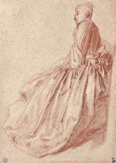 A woman in a long dress, seated in profile to the left