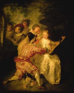 Le Conteur Artists from the Commedia dell'Arte in a landscape