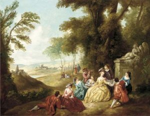 Le Conteur Artists from the Commedia dell'Arte in a landscape