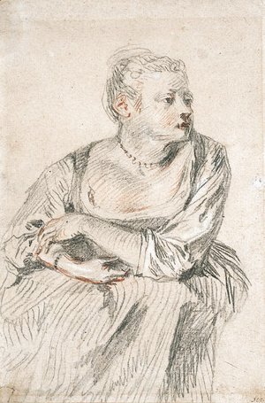 A seated woman with a generous dcollet, her arms folded on her lap, looking to the right