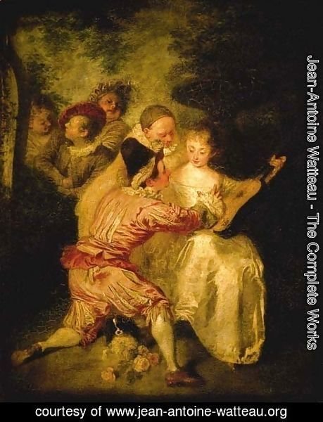 Jean-Antoine Watteau - Le Conteur Artists from the Commedia dell'Arte in a landscape